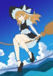  1girl apron bakujin_99 black_vest blonde_hair bow braid broom broom_riding commentary_request flying frills hair_bow hat hat_bow highres kirisame_marisa long_hair short_sleeves side_braid single_braid skirt smile solo touhou vest waist_apron white_bow witch_hat yellow_eyes 