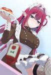  1girl absurdres baobhan_sith_(fate) baobhan_sith_(fgo_fes._2026)_(fate) blush breasts closed_mouth crossed_legs dress fate/grand_order fate_(series) fishnet_thighhighs fishnets food grey_eyes highres holding holding_plate ketchup_bottle large_breasts long_hair looking_at_viewer maid omelet omurice plate pointy_ears red_hair seerose21116 solo thighhighs 