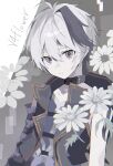  1girl amashita_hry androgynous black_choker character_name choker commentary expressionless flower flower_(vocaloid) flower_(vocaloid4) grey_background highres hood hooded_jacket jacket looking_at_viewer looking_down multicolored_hair muted_colors purple_eyes purple_vest rectangle solo streaked_hair vest vocaloid white_flower white_hair 