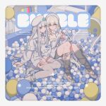  2girls ball_pit balloon beret blue_eyes blue_nails blunt_bangs blunt_ends boots bow cat choker cleavage_cutout clothing_cutout commentary crossed_bangs double-parted_bangs dress earrings english_commentary english_text expressionless frilled_hairband frills from_above hair_between_eyes hairband hat high_heel_boots high_heels highres jewelry knees_up lace-up_boots leg_warmers lemontea light_smile long_hair looking_at_viewer mistee_(lemontea) multiple_girls nail_polish original pill_earrings rabbit romper sana_(lemontea) shorts sitting slide television thighhighs very_long_hair wavy_hair white_hair white_theme yellow_eyes yellow_nails yokozuwari 