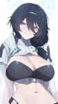 1girl :3 absurdres aqua_eyes blush breasts cleavage closed_mouth commentary english_commentary erina_makina heterochromia highres jacket large_breasts long_sleeves looking_at_viewer navel phase_connect pink_eyes ponytail smile solo stomach virtual_youtuber white_jacket yoellim5 
