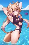  1girl :3 ahoge alheitrakzoth animal_ear_fluff animal_ears armpits arms_behind_head black_one-piece_swimsuit blonde_hair breasts cat_ears cat_girl cat_tail colored_inner_hair commentary commission day english_commentary facial_mark fellming from_side indie_virtual_youtuber long_hair looking_at_viewer medium_breasts multicolored_hair one-piece_swimsuit outdoors purple_hair red_eyes second-party_source shyrei_faolan standing swimsuit tail vgen_commission virtual_youtuber water wet whisker_markings 
