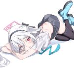  1girl absurdres back black_hairband black_thighhighs blue_archive blue_boots blue_necktie boots bow crossed_arms double-parted_bangs hair_between_eyes hair_bow hairband half-shirt half_updo halo highres kei_(blue_archive) kei_(student)_(blue_archive) light_blush loose_necktie lying midriff_peek moruhinesan necktie on_stomach open_mouth pink_halo rectangular_halo red_eyes shirt simple_background solo thighhighs white_background white_hair white_shirt 