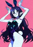  1girl adventure_time animal_ear_hairband animal_ears artist_name bare_shoulders bite_mark bite_mark_on_neck black_hair black_leotard breasts cartoon_network colored_skin covered_navel demon_girl detached_collar earrings fake_animal_ears fake_tail fangs grey_skin hair_between_eyes hairband highleg highleg_leotard highres jewelry leotard long_hair marceline_abadeer medium_breasts necktie pink_background playboy_bunny pointy_ears rabbit_ear_hairband rabbit_ears rabbit_tail red_necktie simple_background smile solid_oval_eyes solo strapless strapless_leotard suzumbati76115 tail twitter_username vampire very_long_hair 