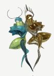  2boys antennae arthropod_boy cogwork_dancers_(hollow_knight) colored_skin f4d1a6 full_body green_prince_(hollow_knight) green_skin grey_background highres holding_hands hollow_knight hollow_knight:_silksong metal_skin multiple_boys robot simple_background white_eyes 