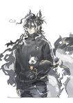  ... 1boy absurdres alternate_costume animal arknights black_cat black_hair black_jacket cat chain chinese_commentary closed_mouth colored_extremities commentary_request cowboy_shot dragon_boy dragon_horns dragon_tail earrings eastern_dragon_horns eastern_dragon_tail fur-tipped_tail grey_pants hair_between_eyes highres holding holding_animal holding_cat horns jacket jewelry long_hair long_sleeves male_focus mask momoiro_miruku multicolored_hair pants pointy_ears simple_background solo spoken_ellipsis standing streaked_hair tail tail_ornament tail_ring track_jacket wang's_cat_(arknights) wang_(arknights) white_background 