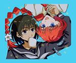  2girls black_eyes black_hair black_sailor_collar black_serafuku black_shirt blue_background blue_eyes braid commentary_request fish flower hair_flower hair_ornament highres lara_(sayonara_lara) mattan_(cheeses02) multiple_girls neckerchief ootsu_mari red_hair rotational_symmetry sailor_collar sayonara_lara school_uniform serafuku shirt single_braid star_(symbol) white_flower white_neckerchief 