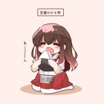  1girl akagi_(kancolle) apron bloom2425 brown_hair closed_eyes commentary_request eating food hakama hakama_skirt highres japanese_clothes kantai_collection kimono onigiri open_mouth pink_background pleated_skirt red_skirt seiza simple_background sitting skirt solo translation_request white_kimono 