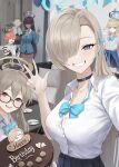  1boy 5girls :d absurdres ahoge akane_(blue_archive) akane_(school_uniform)_(blue_archive) asuna_(blue_archive) asuna_(school_uniform)_(blue_archive) balloon birthday black-framed_eyewear black_choker black_hair black_skirt blonde_hair blue_archive blue_bow blue_bowtie blue_cardigan blue_eyes blue_halo blue_nails blush bow bowtie breasts brown_eyes brown_halo cake cardigan choker cleaning_&amp;_clearing_(blue_archive) closed_mouth clothes_around_waist collared_shirt commentary dark-skinned_female dark_skin doodle_sensei_(blue_archive) dress_shirt eyelashes fang food glasses grin hair_bow hair_over_one_eye halo hand_up happy happy_birthday heart highres holding holding_cake holding_food huge_ahoge indoors karin_(blue_archive) karin_(school_uniform)_(blue_archive) large_breasts long_bangs long_hair looking_at_viewer miniskirt multiple_girls nail_polish neru_(blue_archive) neru_(school_uniform)_(blue_archive) official_alternate_costume one_eye_covered open_mouth orange_hair pleated_skirt red_eyes school_uniform selfie sensei_(blue_archive) shirt sidelocks skirt smile standing straight_hair sunj000 teeth toki_(blue_archive) toki_(school_uniform)_(blue_archive) tsurime upper_body upper_teeth_only v v_over_eye very_long_hair white_shirt yellow_eyes 
