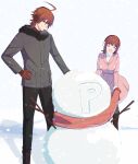  1boy 1girl :d ^_^ ahoge amagase_touma amami_haruka black_pants boots brown_boots brown_hair closed_eyes coat commentary_request day gloves grey_jacket highres idolmaster idolmaster_(classic) idolmaster_side-m jacket open_mouth outdoors pants pink_coat pinnmoku red_eyes red_gloves short_hair smile smirk snow snowing snowman standing winter winter_clothes 
