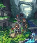  2boys 2girls absurdres armor armored_boots backpack bag blue_hair boots breastplate brown_boots brown_coat brown_hair coat commentary commission doggo_1d34 english_commentary fantasy glasses gloves grass hair_ornament highres holding holding_shield lantern multiple_boys multiple_girls original red_hair red_shoes ruins shield shoes side_ponytail signature skeb_commission staff stairs star_(symbol) star_hair_ornament stream sword thank_you weapon 