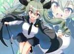  1girl absurdres adapted_costume anchovy_(girls_und_panzer) anzio_school_uniform bare_legs belt belt_buckle black_belt black_cape black_ribbon blue_skirt breasts buckle cape collared_shirt commentary_request drill_hair girls_und_panzer gratin_(kumaisao) green_hair hair_ribbon highres large_breasts long_hair long_sleeves looking_at_viewer missing_legwear pantyhose red_eyes ribbon school_uniform shirt skirt smile twin_drills twintails white_shirt zoom_layer 