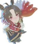  ahoge animal_ears blush brooch brown_hair cape closed_mouth commentary_request ear_flower epaulettes flower flower_brooch four-pointed_star gloves gradient_hair highres horse_ears horse_girl jacket jewelry long_sleeves multicolored_hair red_cape red_hair red_sash rose_kingdom_(racing)_(umamusume) rose_kingdom_(umamusume) sash short_hair simple_background sppoke1226 two-tone_hair umamusume vertical-striped_sleeves white_background white_gloves 