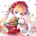  1girl ayo_aiyou blonde_hair blue_eyes blush bonnet bow bowtie capelet closed_mouth commission dress falling_petals flower green_bow green_bowtie green_ribbon hair_intakes highres holding holding_stuffed_toy lolita_fashion long_hair long_sleeves looking_at_viewer mihuashi_commission petals red_bonnet red_capelet red_dress red_flower red_petals red_rose ribbon rose rozen_maiden shinku sidelocks solo stuffed_animal stuffed_rabbit stuffed_toy twintails upper_body watermark 