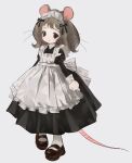  1girl 2000s_(style) :3 animal_ears apron black_dress black_ribbon blush bow brown_eyes brown_hair brown_shoes buttons child closed_mouth collared_dress contrast_collar curled_fingers curly_hair dress faux_retro_artstyle fluffy_hair frilled_apron frills full_body grey_background hair_ribbon head_tilt highres juliet_sleeves long_dress long_sleeves looking_at_viewer maid maid_apron maid_headdress mary_janes medium_hair mouse_ears mouse_girl mouse_tail original pale_skin pleated_dress puffy_sleeves raised_eyebrows ribbon shoes short_bangs simple_background smile socks solo standing tail tareme whiskers white_bow white_socks wing_collar xgshjsgha 
