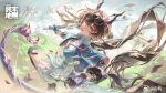  1girl above-cleavage_cutout arknights arknights:_endfield black_boots black_gloves black_hair blue_horns blue_jacket blue_tail boots breasts brown_eyes chen_qianyu_(arknights) chinese_commentary clothing_cutout commentary_request copyright_logo copyright_notice cropped_jacket dragon_girl dragon_horns dragon_tail dual_wielding dynamic_pose eastern_dragon_horns eastern_dragon_tail floating_hair gloves highres holding holding_sword holding_weapon horns jacket knee_boots logo long_hair looking_at_viewer mandarin_collar medium_breasts miniskirt official_art open_mouth outdoors pankou pleated_skirt shiling skirt solo sword tail twintails watermark weapon weibo_username weibo_watermark white_skirt 