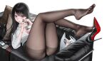  1girl abab_xiaxia ass bag beer_can black_hair black_nails black_panties black_pantyhose black_skirt blush bracelet breasts can cellphone collared_shirt commentary_request couch drink_can feet high_heels highres holding holding_can id_card jewelry kurosawa_saemi_(abab_xiaxia) lanyard large_breasts legs long_hair long_sleeves looking_at_viewer lying no_shoes on_back on_couch original panties pantyhose parted_lips pencil_skirt phone pillow purple_eyes shirt shoe_dangle shopping_bag skirt smartphone smile toes underwear unworn_lanyard white_shirt 