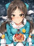  blue_coat blush braid breath brown_hair closed_mouth coat commentary_request fingerless_gloves food fur_trim gloves hair_ribbon highres holding holding_food idolmaster idolmaster_cinderella_girls long_hair long_sleeves looking_at_viewer orange_gloves ribbon signature smile snowing solo tachibana_arisu tuxedo_de_cat upper_body winter_clothes winter_coat yellow_eyes 