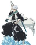  1boy absurdres black_hakama bleach bleach:_sennen_kessen-hen chain commentary english_commentary full_body green_eyes grey_hair hakama hakama_pants haori headband highres hitsugaya_toushirou holding holding_chain ice japanese_clothes male_focus open_mouth pants sandals sheath sheathed socks solo sonzhondaya sword sword_on_back taichou_haori uneven_footing weapon weapon_on_back white_haori white_headband white_socks wide_sleeves 