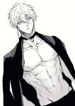  1boy abs blue_lock choker chuma_a_a closed_mouth collarbone commentary_request earphones greyscale groin hair_between_eyes highres jacket jacket_on_shoulders male_focus monochrome nagi_seishirou navel nipples parted_lips pectorals short_hair simple_background solo teeth upper_body white_background 