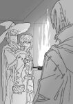  1boy 2girls ahoge burning cape chocolate_making_disaster_(meme) closed_mouth commentary_request cooking expressionless father_and_child father_and_daughter female_morgan_(fire_emblem) fire fire_emblem fire_emblem_awakening frying_pan glasses hat highres hood hood_down husband_and_wife indoors large_hat long_sleeves looking_at_another male_robin_(fire_emblem) meme miriel_(fire_emblem) monochrome mother_and_child mother_and_daughter multiple_girls official_alternate_hairstyle open_mouth parent_and_child smile tsujii_luki witch_hat 