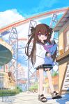  1girl :d black_bow black_sailor_collar black_sandals black_skirt blue_sky bow brown_hair cloud commentary commission cup day disposable_cup drinking_straw english_commentary ferris_wheel food hair_between_eyes hair_bow holding holding_cup holding_food ice_cream ice_cream_cone long_hair long_sleeves looking_at_viewer open_mouth original outdoors pleated_skirt puffy_long_sleeves puffy_sleeves purple_eyes roller_coaster sailor_collar sandals shirt signature skirt sky sleeves_past_wrists smile soft_serve solo spinning_teacup star_(symbol) two_side_up very_long_hair watermark white_shirt yuuhagi_(amaretto-no-natsu) 