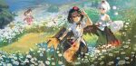  3girls absurdres animal_ears bag bird_wings black_bow black_bowtie black_skirt bow bowtie brown_bag brown_hair brown_wings camera checkered_clothes checkered_skirt closed_mouth collared_shirt detached_sleeves field flower flower_field frilled_sleeves frills grey_hair hat hauchiwa highres himekaidou_hatate holding inubashiri_momiji leaf_print long_hair looking_at_viewer maple_leaf_print multicolored_shirt multicolored_skirt multiple_girls outdoors pointy_ears pom_pom_(clothes) print_shirt print_skirt puffy_short_sleeves puffy_sleeves purple_hat qianeyejiaorouji red_eyes red_hat ribbon-trimmed_sleeves ribbon_trim shameimaru_aya shirt short_hair short_sleeves shoulder_bag skirt smile tengu_family_of_gensokyo_(touhou) thighhighs tokin_hat touhou twintails white_flower white_shirt wings wolf_ears wolf_girl 