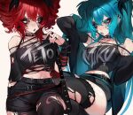 absurdres aqua_eyes aqua_hair black_choker black_eyeshadow black_lips black_nails breasts choker commentary cross drill_hair ear_piercing earrings emo_fashion english_commentary eyeshadow face_piercing fishnets goth_fashion gothic_punk hatsune_miku highres jewelry kasane_teto long_hair makeup midriff mouth_piercing nail_polish piercing punk red_hair ring_light_reflection shirt spiked_choker spikes suliavtuber twin_drills twintails utau very_long_hair vocaloid 