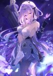  1girl absurdres bare_shoulders blue_bow bow breasts bug butterfly castorice_(honkai:_star_rail) column commentary elbow_gloves field flower flower_field gloves hair_between_eyes hair_flower hair_ornament hand_up highres honkai:_star_rail honkai_(series) long_hair looking_at_viewer medium_breasts night outdoors parted_lips pillar purple_butterfly purple_eyes purple_flower purple_gloves purple_hair sideboob skirt sky solo star_(sky) starry_sky thighhighs very_long_hair white_skirt white_thighhighs yonemasakouta 