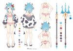  1girl absurdres animal_ears animal_print artist_name bell bikini blue_eyes blue_hair blush braid cow_ears cow_print flat_chest fur_trim highres horns long_sidelocks mahiru_(princess_connect!) navel parted_bangs polearm ponytail princess_connect! ruinone sidelocks smile star-shaped_pupils star_(symbol) swimsuit symbol-shaped_pupils tail trident weapon 