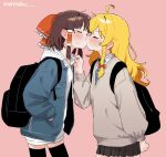  2girls absurdres ahoge alternate_costume bag black_bag black_thighhighs blonde_hair blue_jacket blue_necktie blush bow braid brown_hair brown_skirt closed_eyes collared_shirt commentary contemporary facing_another french_kiss frilled_bow frilled_hair_tubes frills grey_sweater hair_bow hair_tubes hakurei_reimu hands_in_pockets highres hood hoodie jacket kirisame_marisa kiss long_hair long_sleeves missing_headwear multiple_girls myaooo necktie open_clothes open_jacket pink_background pleated_skirt red_bow school_uniform shirt side_braid simple_background single_braid skirt sweater thighhighs touhou white_hoodie white_shirt yuri 