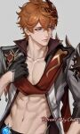  1boy abs ai-generated black_gloves blue_eyes clie_x earrings genshin_impact gloves grey_shirt hair_between_eyes highres jewelry male_focus mask mask_on_head muscular muscular_male navel open_clothes open_shirt orange_hair red_mask shirt short_hair single_earring solo stomach tartaglia_(genshin_impact) vision_(genshin_impact) 
