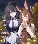  2girls animal_ear_fluff animal_ears beret black-framed_eyewear black_hair black_hat black_sky brown-framed_eyewear brown_dress brown_hair calamariichi_(vtuber) carrot_hair_ornament colored_inner_hair commentary_request commission contrast_lapels cowboy_shot crossed_bangs cup disposable_coffee_cup disposable_cup dress drinking fiora_almater food-themed_hair_ornament frilled_dress frills glasses hair_ornament hat height_difference holding holding_cup indie_virtual_youtuber lapels light_particles long_sleeves looking_at_another multicolored_hair multiple_girls necktie night orange_eyes outdoors pinafore_dress ponytail purple_eyes purple_hair purple_necktie rabbit_ears rabbit_girl shironekoban skeb_commission sky sleeveless sleeveless_dress star_(sky) starry_sky sweater tree twitter_username two-tone_hair virtual_youtuber watermark white_sweater 