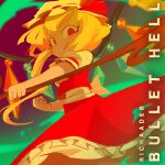  1girl absurdres album_cover artist_name blonde_hair bow clenched_hand closed_mouth commentary cover crystal dress english_commentary flandre_scarlet frilled_skirt frills hat hat_bow hat_ribbon highres laevatein_(touhou) looking_at_viewer mob_cap puffy_short_sleeves puffy_sleeves red_bow red_dress red_eyes red_ribbon red_skirt ribbon short_sleeves skirt smile solo spinning temmie_chang textless_version_available touhou 