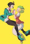  1boy 1girl ahoge bad_id bad_twitter_id bianca_(pokemon) black_hair blonde_hair cheren_(pokemon) closed_eyes face-to-face full_body green_hat hat highres holding_hands looking_at_another open_mouth pokemon pokemon_black_and_white shirt simple_background smile white_shirt yellow_background zianazu 