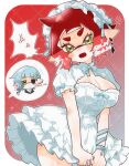  1girl 1other anger_vein arm_ribbon artist_name black_eyes blue_bow blue_hair blue_ribbon blush border bow breasts chibi chibi_only cleavage cleavage_cutout clothing_cutout commentary_request crystal_earrings dress dress_tug earrings floating_earrings frilled_dress frilled_hairband frills furrowed_brow gradient_background green_eyes grey_background hair_ornament hairband hairclip heterochromia highres inkling inkling_girl inkling_player_character jewelry large_breasts looking_at_viewer multicolored_hair open_mouth outside_border parallel_hairclips pink_hair pointy_ears red_background red_hair ribbon short_dress short_eyebrows short_hair short_sleeves solo_focus splatoon_(series) spoken_anger_vein spoken_character star_(symbol) sweat syoutoktaishi_63 tentacle_hair thighs twitter_username two-tone_hair v-shaped_eyebrows wavy_mouth white_border white_dress yellow_eyes 