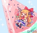  1girl :d =_= artist_name blonde_hair blunt_bangs bow chibi chibi_only commentary fang food hair_bow horns ibuki_suika kumamoto_(bbtonhk2) long_hair low-tied_long_hair name_connection object_namesake open_mouth pixel_art popsicle red_bow smile solo sparkle touhou very_long_hair watermelon_bar 