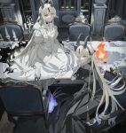  0_0_(oooooo0) 2girls absurdres alternate_costume arknights black_dress blonde_hair blush breasts candelabra candlestand chair commentary_request cup cupboard dining_room dragon_girl dragon_horns dress drinking_glass earrings fire flame-tipped_tail green_eyes highres horns indoors jewelry korean_commentary multiple_girls necrass_(arknights) parted_lips pillar plate siblings sisters sitting sitting_on_table small_breasts spoon tail vase white_dress wine_glass 