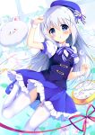  1girl :3 angora_rabbit ass_visible_through_thighs beret blue_bow blue_bowtie blue_eyes blue_hair blue_hat blue_shoes blue_skirt blue_vest blush bow bowtie breasts chestnut_mouth clenched_hands closed_mouth collared_shirt commentary_request dutch_angle eyes_visible_through_hair feet_out_of_frame floating_hair flower frilled_skirt frills glint gochuumon_wa_usagi_desu_ka? hair_between_eyes hair_ornament hands_up hat hat_bow hatsuhi highres kafuu_chino leaf long_hair looking_at_viewer mary_janes miniskirt open_mouth pleated_skirt pocket_watch puffy_short_sleeves puffy_sleeves rabbit red_ribbon ribbon school_swimsuit shirt shoes short_sleeves sidelocks skirt small_breasts smile soap_bubbles solo straight_hair striped_bow striped_bowtie striped_clothes swimsuit swimsuit_under_clothes tareme thighhighs tippy_(gochiusa) very_long_hair vest watch white_bow white_flower white_shirt white_thighhighs white_wrist_cuffs window wrist_cuffs x_hair_ornament 