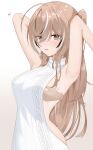  1girl @_@ armpits arms_up ass blush breasts brown_eyes brown_hair disembodied_hand emphasis_lines grabbing_another's_breast groping highres hololive hololive_english motion_lines multicolored_hair nanashi_mumei narukahana owl_girl sideboob smile streaked_hair sweater trembling turtleneck turtleneck_sweater virgin_killer_sweater virtual_youtuber white_background 