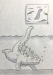  air_bubble beni_(nikaidera) bubble commentary_request giant giant_monster godzilla godzilla_(series) handstand highres kaiju loch_ness_monster monochrome parody solo spines tail underwater water 