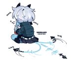  1girl afterimage aqua_jacket black_horns black_skirt blue_oni blue_skin character_name colored_skin earrings eating from_behind highres horns jacket jewelry ny_000a oni pointy_ears short_hair simple_background sitting skirt solo soukaku_(zenless_zone_zero) sound_effects tail tail_wagging white_background white_hair zenless_zone_zero 