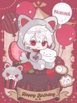 1boy animal_costume animal_hood argyle_background balloon birthday blush cake character-themed_food chibi chibi_only closed_mouth commentary cookie crossed_bangs cupcake dated ear_piercing earrings english_commentary fang fang_out flower food fruit grey_background hair_between_eyes happy_birthday hebel_ishida highres hood hood_up jewelry kigurumi kuzuha_(nijisanji) looking_at_viewer male_focus mole mole_under_eye niginigi_nijitown nijisanji piercing pointy_ears red_background red_eyes red_flower red_rose rose short_hair sitting smile solo sparkle spiked_ear_piercing strawberry strawberry_slice virtual_youtuber white_hair wolf_costume wolf_hood yanagi_(sham0o081) 