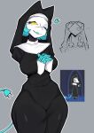  ... 1girl absurdres black_dress blue_hair breasts cable cable_tail commentary covered_ears deltarune dress electric_plug electric_plug_tail english_commentary furry furry_female game_screenshot_inset grey_background guimpe head_tilt heart highres large_breasts mechanical_tail nun nun_headdress official_alternate_costume one_eye_closed open_mouth rayman_limbs screenshot_inset tail tasque tasque_manager thick_thighs thighs traditional_nun utdr_(toby_fox) wide_hips wott yellow_eyes 