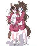  ! 2girls ahoge animal_ears blue_eyes breasts brown_hair closed_mouth commentary_request earrings hair_between_eyes hair_ornament hairclip hands_in_another's_pockets hat highres horse_ears horse_girl horse_tail jacket jewelry long_hair long_sleeves mini_hat mini_top_hat mr._c.b._(umamusume) multicolored_hair multiple_girls musical_note open_mouth purple_eyes red_jacket red_shorts reya_p_d3 shoes shorts simple_background single_earring smile socks spoken_exclamation_mark streaked_hair symboli_rudolf_(umamusume) tail top_hat tracen_training_uniform track_jacket umamusume white_background white_hair white_socks 