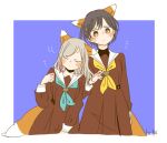  2girls :< animal_ears aqua_neckerchief blue_background blush border brown_dress ceras_yanagida_lilienfeld closed_eyes closed_mouth commentary cowboy_shot dress edel_note flying_sweatdrops fox_ears fox_girl fox_tail grey_hair hair_ribbon hasu_no_sora_school_uniform kase_(ks_lys) katsuragi_izumi kemonomimi_mode leaning_on_person leaning_to_the_side long_sleeves love_live! love_live!_hasu_no_sora_jogakuin_school_idol_club motion_lines multiple_girls neckerchief notice_lines one_ear_down orange_eyes outside_border pink_ribbon ribbon sailor_collar sailor_dress school_uniform simple_background tail twitter_username untranslatable_commentary virtual_youtuber white_border white_sailor_collar winter_uniform yellow_neckerchief 