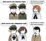 3boys 3girls adolf_hitler akiyama_yukari black_hair blonde_hair brown_hair brown_jacket cross erwin_(girls_und_panzer) erwin_rommel facial_hair fallenchungus_(style) girls_und_panzer hat heinz_guderian iron_cross jacket meme military_jacket military_uniform multiple_boys multiple_girls mustache necktie nishizumi_miho ooarai_school_uniform open_mouth peaked_cap pharaohetcaesar school_uniform shirt short_hair speech_bubble third-party_source white_shirt who_the_fuck_are_you_people_i_thought_i_hired_goons_(meme) 