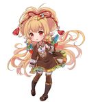  :o animal_ears backpack bag bangs blonde_hair blush brown_dress brown_footwear brown_legwear commentary dress eyebrows_visible_through_hair full_body granblue_fantasy hair_ornament harvin leaning_to_the_side long_hair long_sleeves mahira_(granblue_fantasy) nuno_(pppompon) parted_lips red_eyes sandals side_ponytail simple_background sleeves_past_wrists solo standing thighhighs very_long_hair white_background 