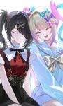  2girls ame-chan_(needy_girl_overdose) black_hair black_ribbon black_skirt blonde_hair blue_bow blue_hair blue_serafuku blue_shirt blue_skirt blunt_bangs bow chouzetsusaikawa_tenshi-chan closed_mouth collared_shirt dual_persona gradient_hair hair_bow hair_intakes hair_ornament hair_over_one_eye highres long_sleeves multicolored_bow multicolored_hair multiple_girls multiple_hair_bows needy_girl_overdose one_eye_covered open_mouth pink_bow pink_hair purple_bow quad_tails red_shirt ribbon school_uniform serafuku shirt sirium924 skirt suspender_skirt suspenders x_hair_ornament yellow_bow 