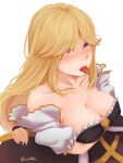  1girl arch_bishop_(ragnarok_online) arms_under_breasts black_dress blonde_hair blush breasts commentary dress english_commentary highres large_breasts long_hair looking_at_viewer off-shoulder_dress off_shoulder purple_eyes ragnarok_online simple_background soehlu solo tongue tongue_out upper_body white_background white_dress 